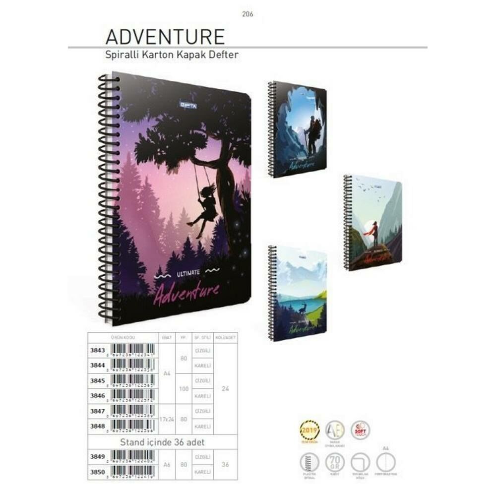 Adventure A4 80 Yaprak Kareli Karton Kapak Spiralli Defter 3844