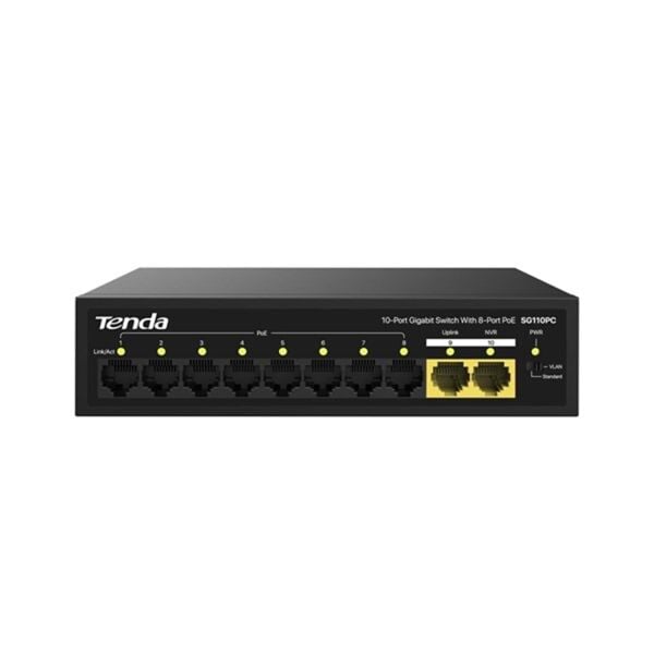 Tenda S110GPC 10 Port 8 Port Poe+ 10-100 Mbps + 2 Port 10-100-1000 Uplink Switch Çelik Kasa