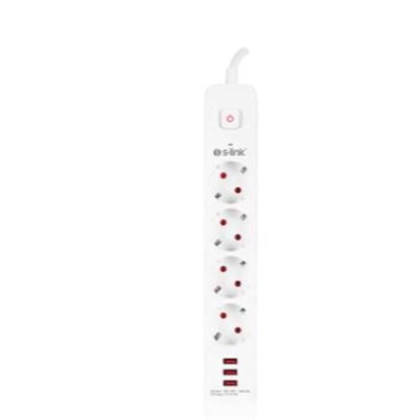 S-link SPG403U 1.5m 1.5mm 100 yüzde  Bakır 750 Joule 3 Usb 5V2.4A 4lü Anahtarlı Akım Korumalı Priz