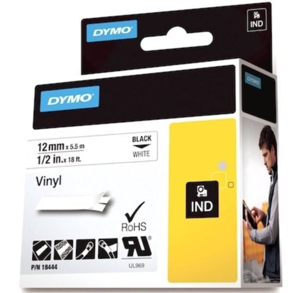Dymo Şerit Rhinopro Vinil 12Mm X 5.5Mt Beyaz/Siyah 18444