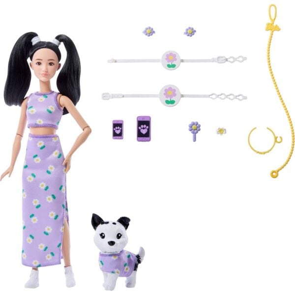 Barbie Uyumlu Dostlar Siyah Saçlı Bebek ve Köpekçiği JFP39
