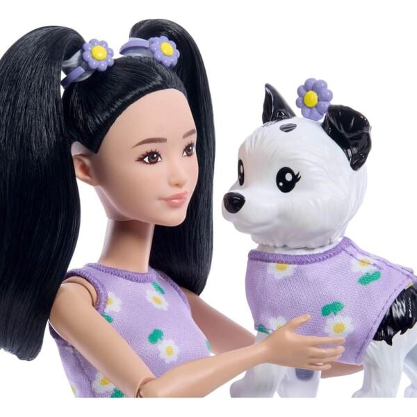 Barbie Uyumlu Dostlar Siyah Saçlı Bebek ve Köpekçiği JFP39