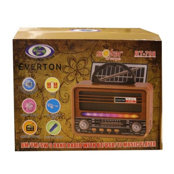 Everton Rt-708  Bluetooth Fm-Usb-Tf-Aux Solarlı  Şarjlı Nostaljik Radyo