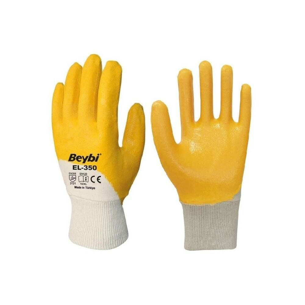 Beybi Pamuk Nitril PMK KN350 Flex 9 Beden Eldiven 12li Paket Beyaz Sarı EN388 (2111X)