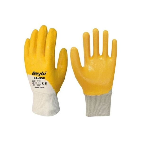 Beybi Pamuk Nitril PMK KN350 Flex 9 Beden Eldiven 12li Paket Beyaz Sarı EN388 (2111X)