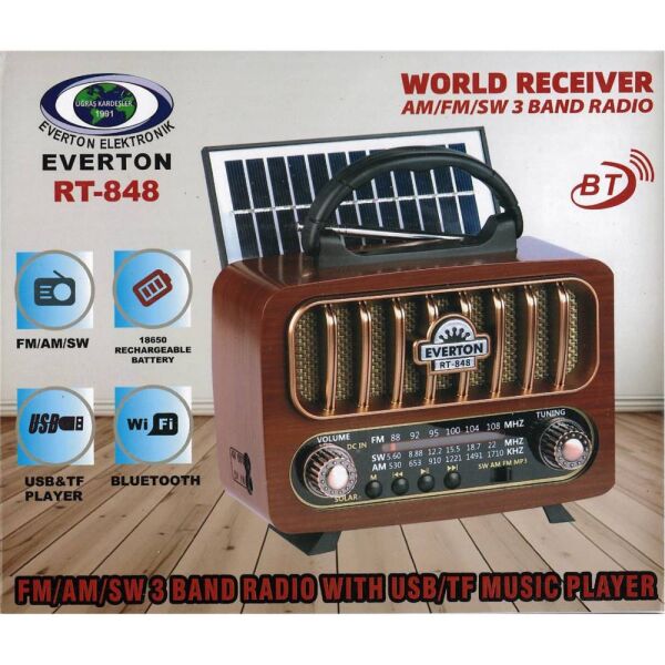 Everton Rt-848 Güneş Enerjili Panelli Bluetooth Fm-usb-Tf Card-Aux Nostaljik Radyo