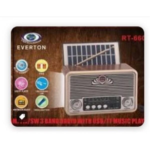 Everton Rt-660  Bluetooth Fm-Usb-Tf-Aux Şarjlı Nostaljik Radyo Solar (Güneş Panelli)