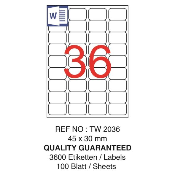Tanex Laser Etiket Tw-2036 45 X 30 Mm ( 36 ) 100 Lü