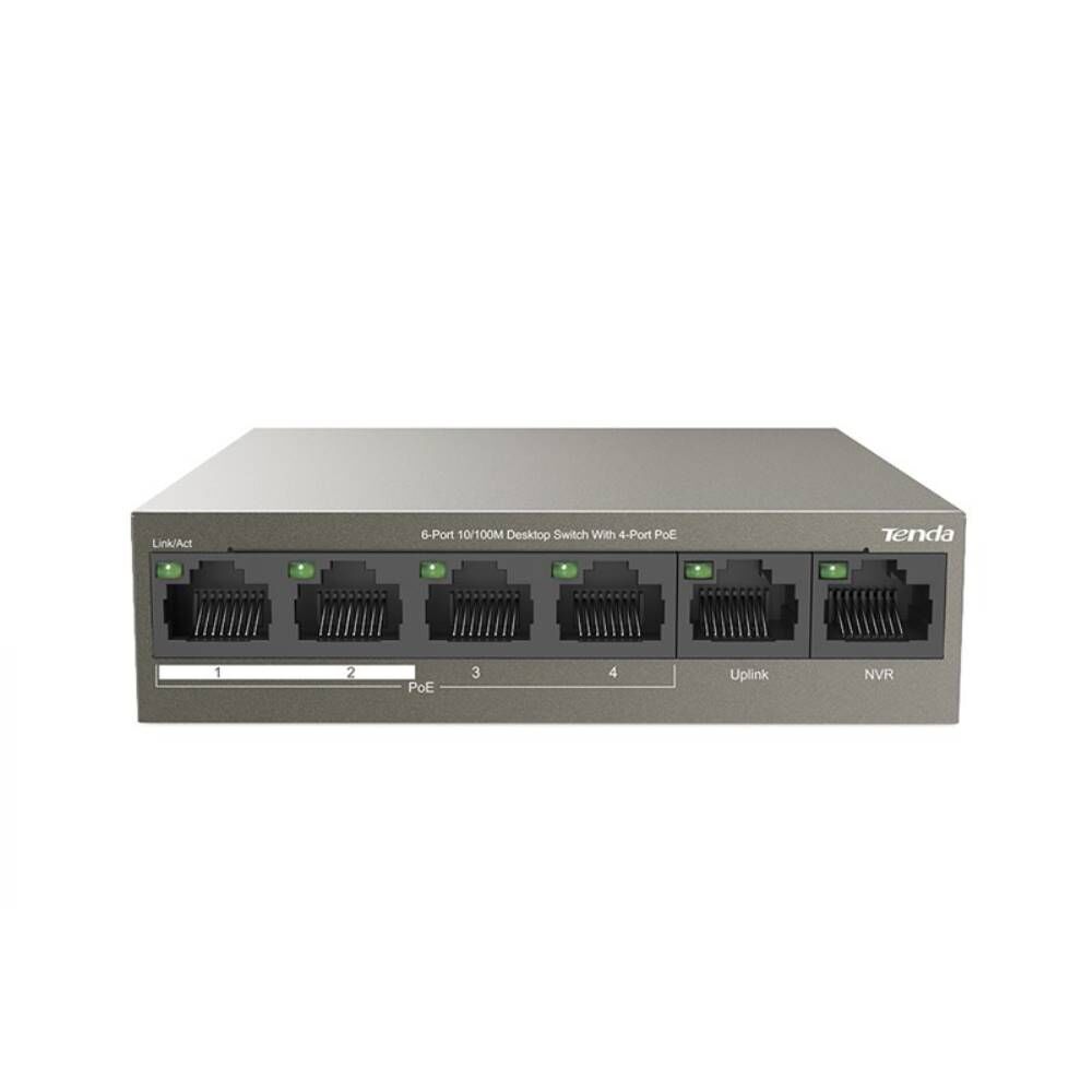 Tenda TEF1106P 6 Port 4 Port Poe+ 10-100 + 2 Port Uplink Switch Çelik Kasa Rack Mount