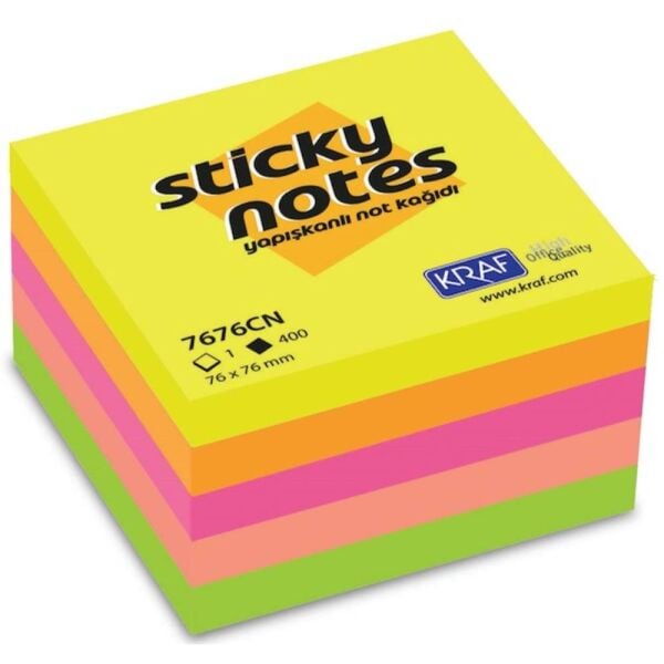 Kraf Yapışkanlı Not Kağıdı Küp 76X76 400 Yp Neon 7676Cn