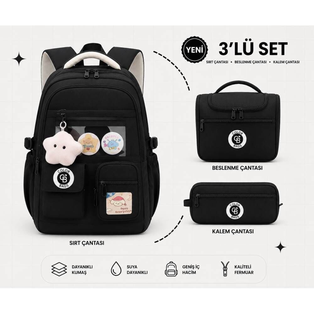 Color Bags B87 3'lü Set Siyah İlkokul Çantası