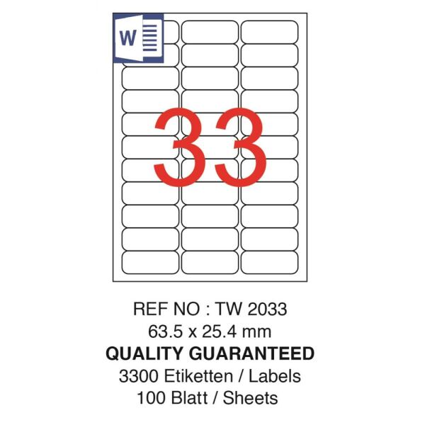 Tanex Laser Etiket Tw-2033 63.5 X 25.4 Mm ( 33 ) 100 Lü