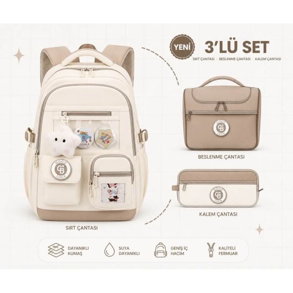 Color Bags B87 3'lü Set Krem İlkokul Çantası