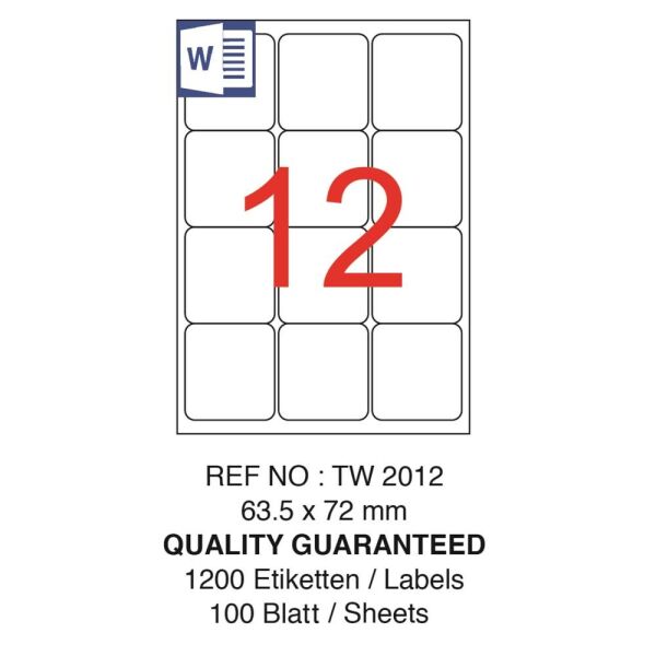 Tanex Laser Etiket Tw-2012 63.5 X 72 Mm ( 12 ) 100 Lü