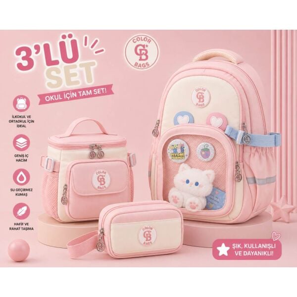 Color Bags B89 3'lü Set Pembe İlkokul Çantası