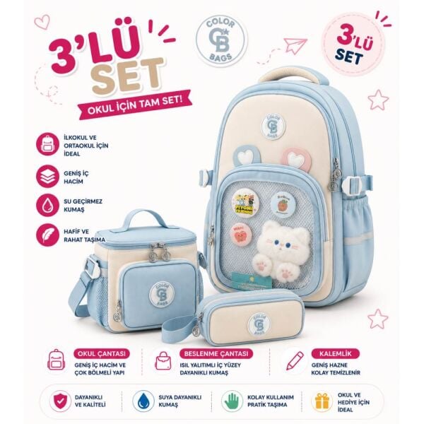 Color Bags B89 3'lü Set Mavi İlkokul Çantası