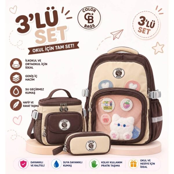 Color Bags B89 3'lü Set Kahve İlkokul Çantası