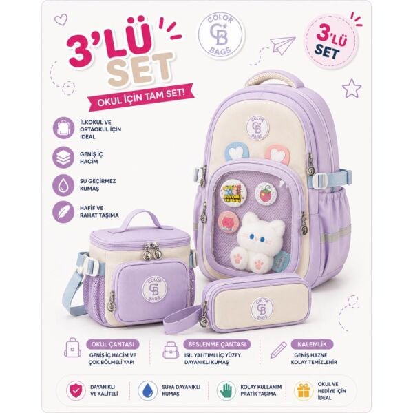 Color Bags B89 3'lü Set Lila İlkokul Çantası