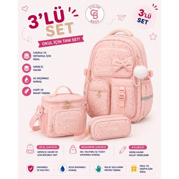 Color Bags B95 2'li Set Pembe İlkokul Çantası