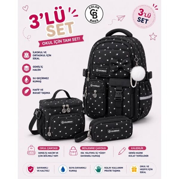 Color Bags B95 3'lü Set Siyah İlkokul Çantası