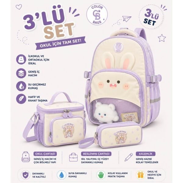 Color Bags B94 3'lü Set Mor İlkokul Çantası