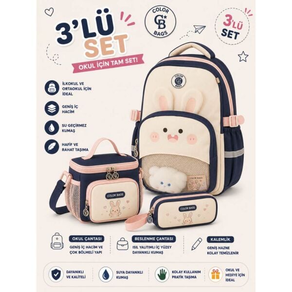 Color Bags B94 3'lü Set Krem İlkokul Çantası