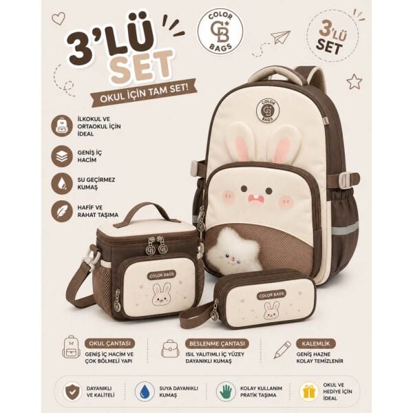 Color Bags B94 3'lü Set Kahve İlkokul Çantası
