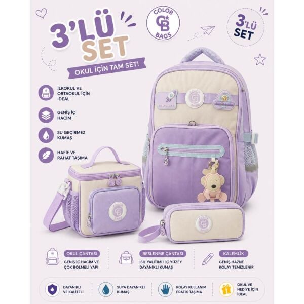 Color Bags B91 3'lü Set Mor İlkokul Çantası