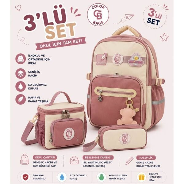 Color Bags B91 3'lü Set Pembe İlkokul Çantası