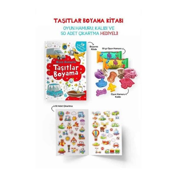 Taşıtlar Boyama Kitabı Oyun Hamuru ve Çıkartma Hediyeli