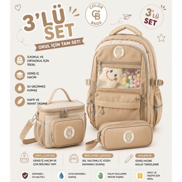 Color Bags B83 3'lü Set Kahve İlkokul Çantası
