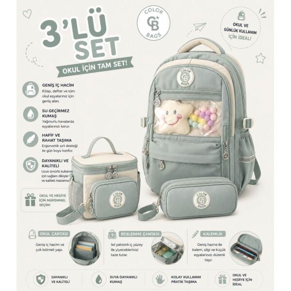 Color Bags B83 3'lü Set Yeşil İlkokul Çantası