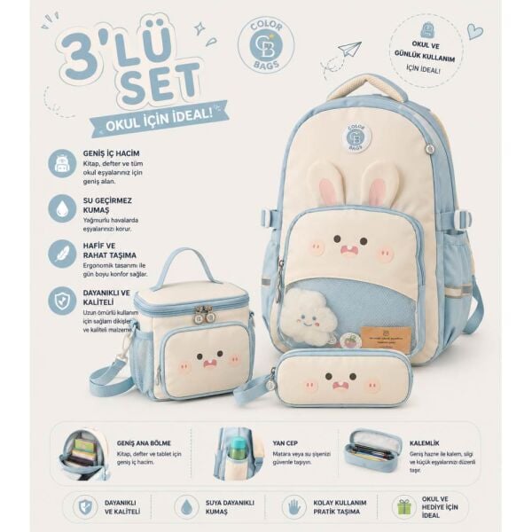 Color Bags B94 3'lü Set Turkuaz İlkokul Çantası