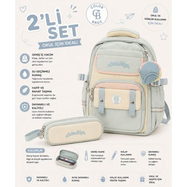 Color Bags B100 2'li Set Mavi İlkokul Çantası
