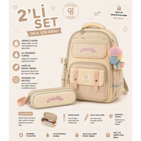 Color Bags B100 2'li Set Kahve İlkokul Çantası