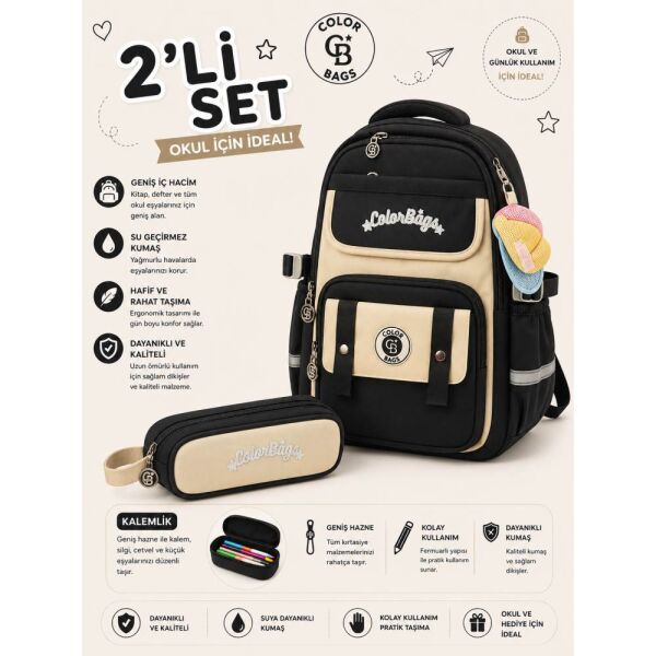 Color Bags B100 2'li Set Siyah İlkokul Çantası