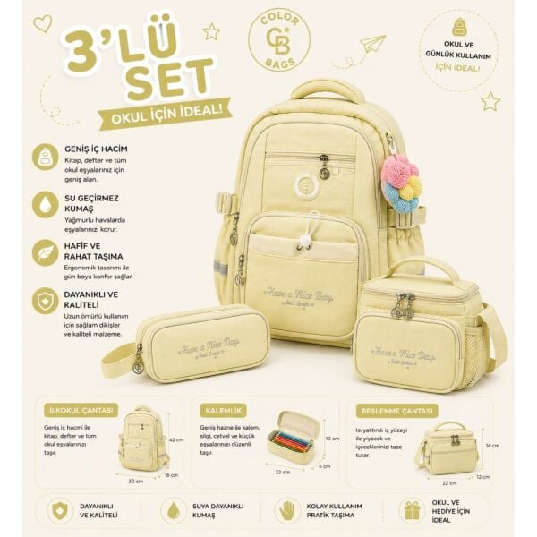 Color Bags B86 3'lü Set Sarı İlkokul Çantası