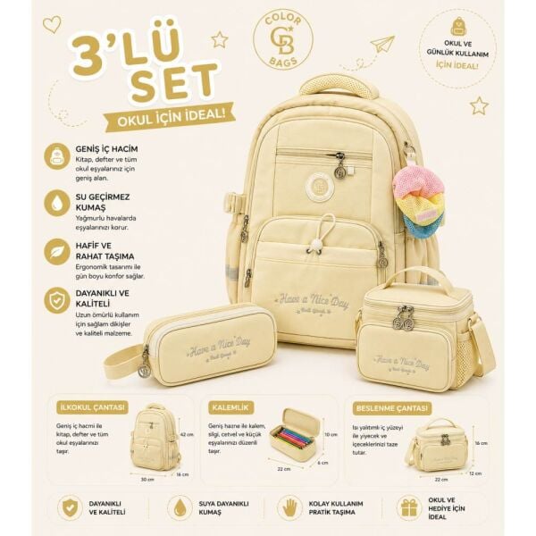 Color Bags B86 3'lü Set Krem İlkokul Çantası