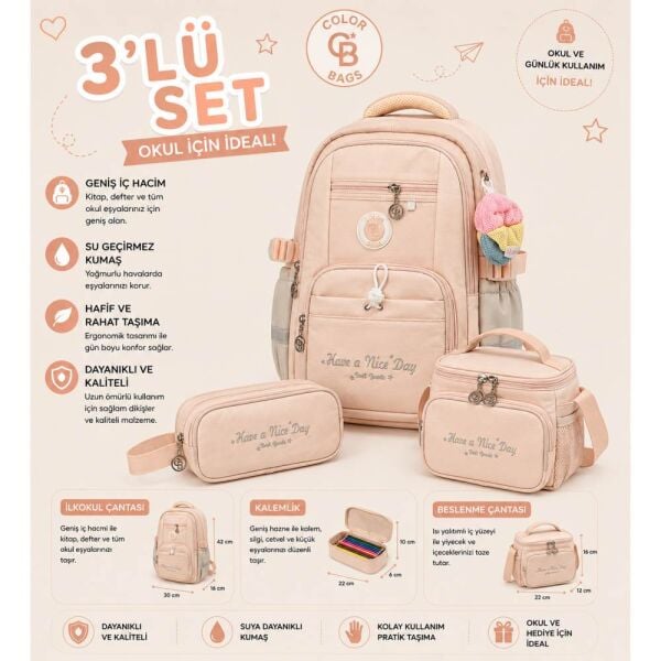 Color Bags B86 3'lü Set Pembe İlkokul Çantası