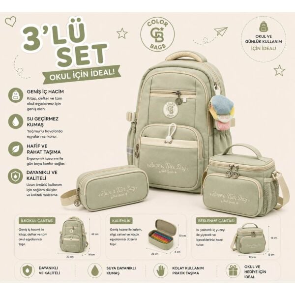 Color Bags B86 3'lü Set Yeşil İlkokul Çantası
