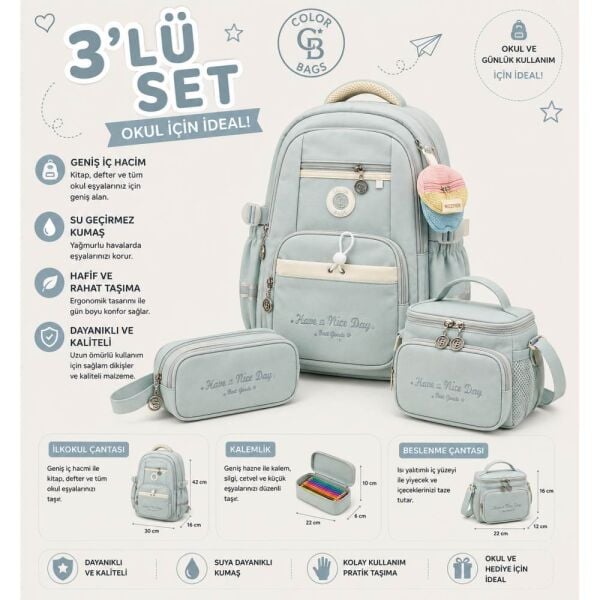 Color Bags B86 3'lü Set Turkuaz İlkokul Çantası