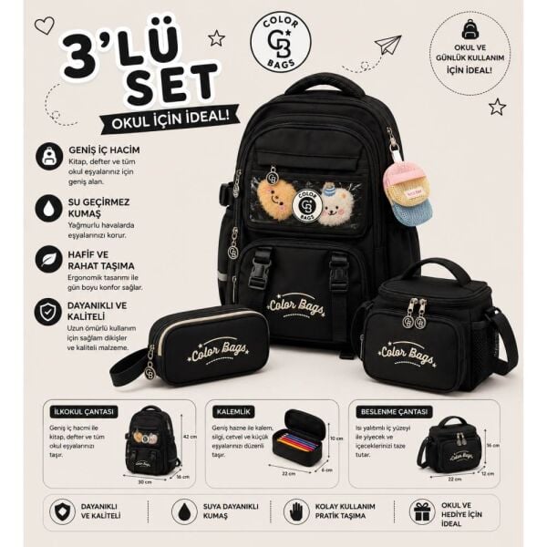 Color Bags B81 3'lü Set Siyah İlkokul Çantası