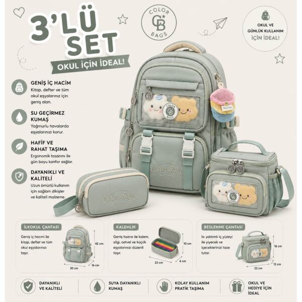Color Bags B81 3'lü Set Yeşil İlkokul Çantası