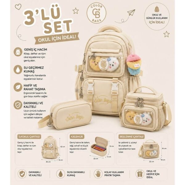 Color Bags B81 3'lü Set Krem İlkokul Çantası