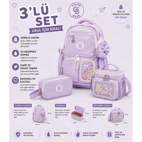 Color Bags B85 3'lü Set Lila İlkokul Çantası