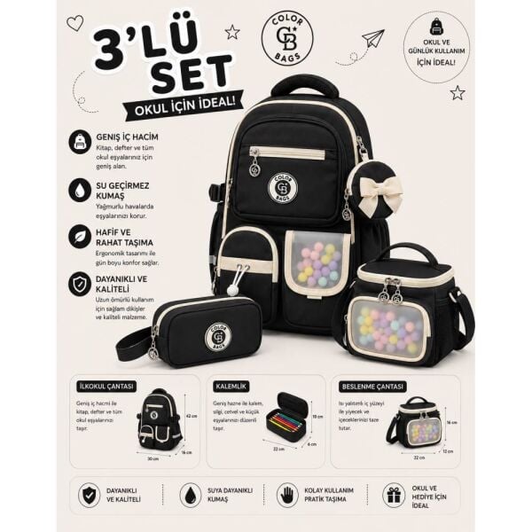 Color Bags B85 3'lü Set Siyah İlkokul Çantası