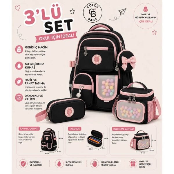 Color Bags B85 3'lü Set Pembe İlkokul Çantası