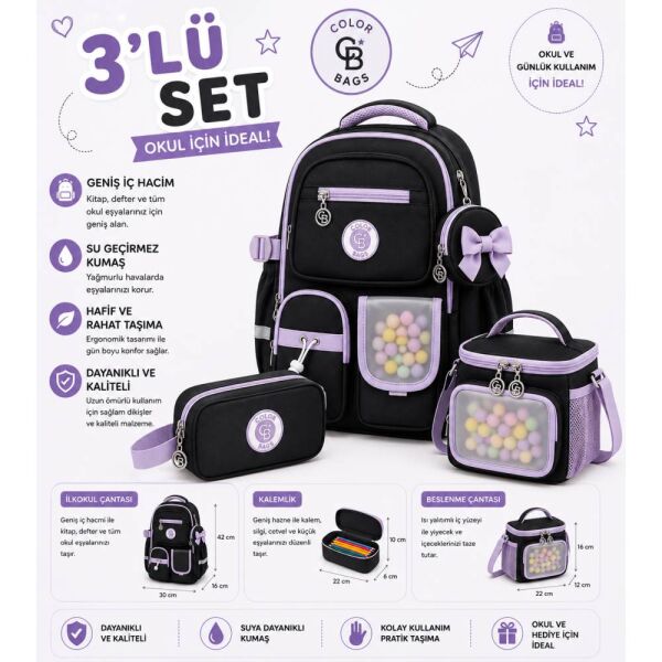 Color Bags B85 3'lü Set Mor İlkokul Çantası