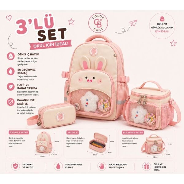 Color Bags B94 3'lü Set Pembe İlkokul Çantası
