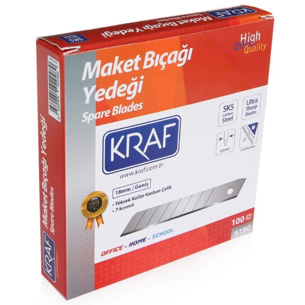Kraf Maket Bıçağı Yedeği Geniş Ultra Karbon Çelik Sk5 100 Lü 619G